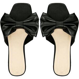 Women's Bow Black Square Open Toe Breathable Slip On Slide Sandals Flat Shoes